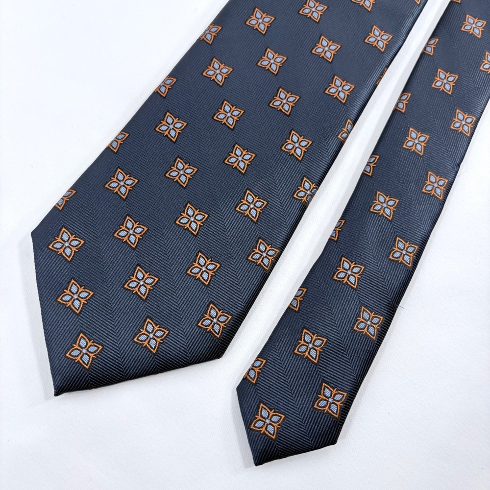 Lands' End Necktie Navy Blue Orange Geometric Medallion Herringbone Polyeser Tie